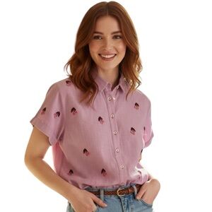 Anthropologie Maeve Fruit Surf Shirt XS Lavender Purple Cherry Embroidered